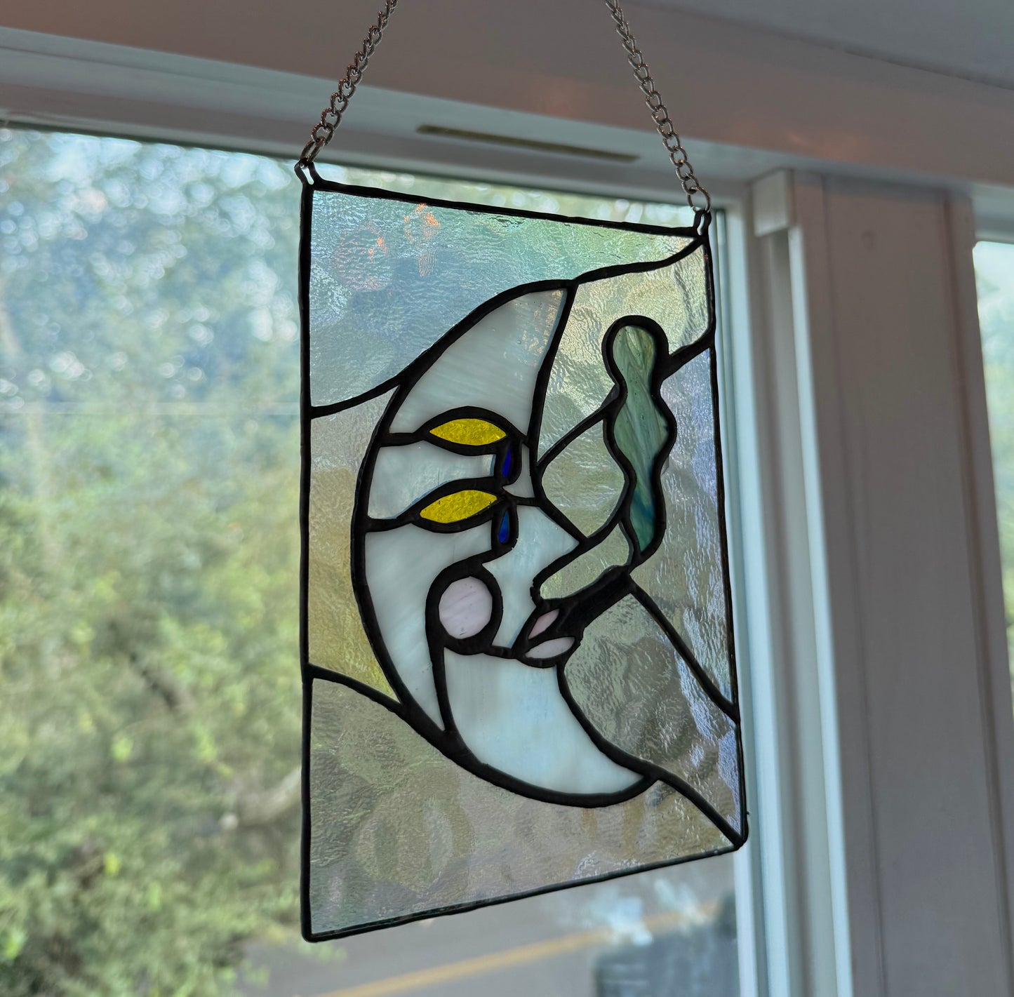 Moon Face Stained Glass Panel